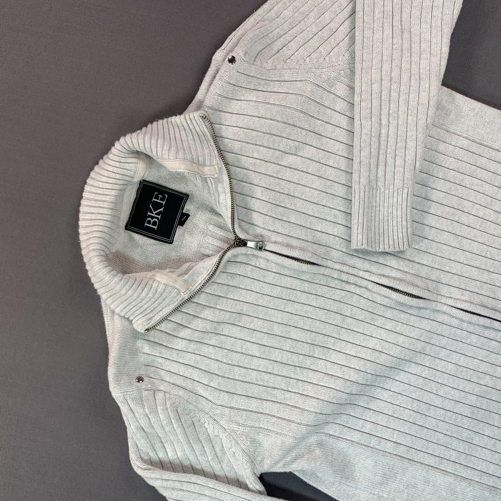BKE Sweater Mens L‎ Gray 100% Cotton Full Zip Mock Neck Rib Knit Cardigan